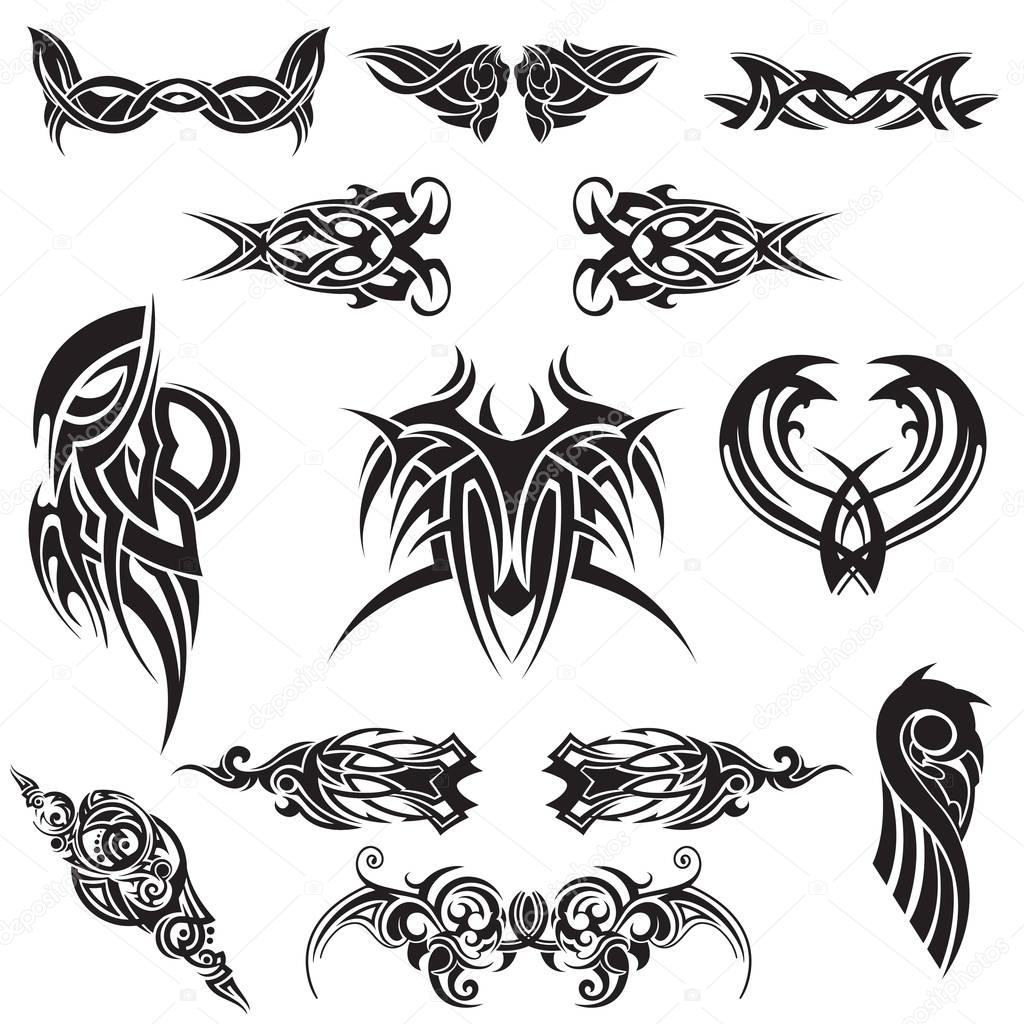 set of abstract tribal tattoo in black on a white background set of abstract tribal tattoo in black on a white background