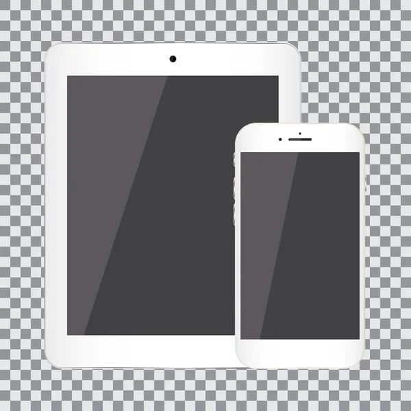 Pantalla en blanco. Set de tablet y smartphone realistas sobre fondo transparente — Archivo Imágenes Vectoriales