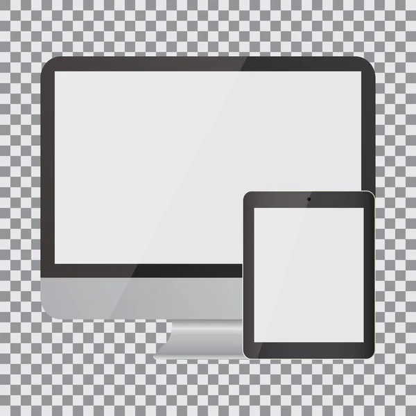 Leerer Bildschirm. Set aus realistischem Monitor und Tablet auf transparentem Hintergrund — Stockvektor