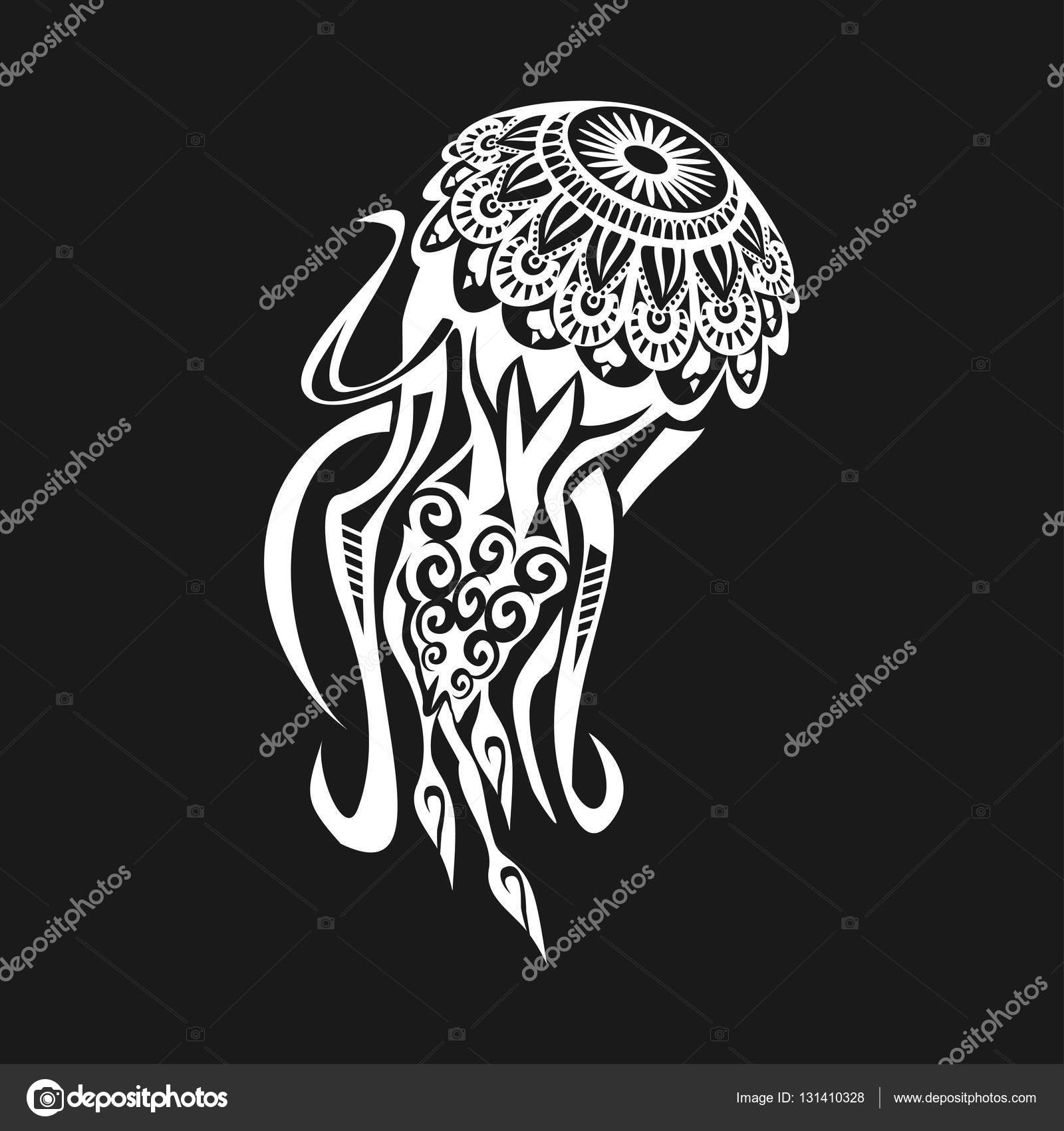 해파리는 흰색 바탕에 마 오리 스타일에서 문신. 벡터 일러스트 레이 션 Eps10 스톡 벡터 - ©stas11 131410328, image size:963x1024
