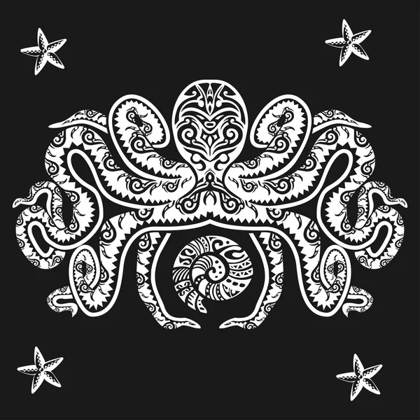 Octopus tattoo in Maori style on a black background. Vector illustration EPS10 — Stock Vector