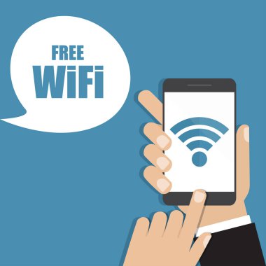 Smartphone ücretsiz Wi-Fi ile tutan el. Vektör çizim