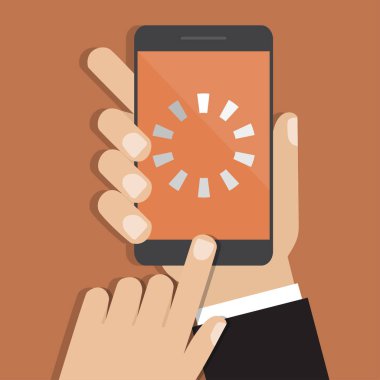 Simge yükleme ile smartphone tutan el. Vektör çizim