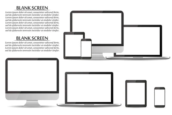 Reihe von leeren Bildschirmen. Computermonitor, Laptop, Tablet, Smartphone — Stockvektor