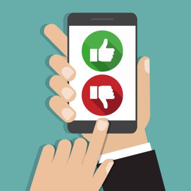 Web sitesi derecelendirme geri bildirim ve eleştiri kavramı. Holding ve gibi bir smartphone işaret eden el ve sevmemek