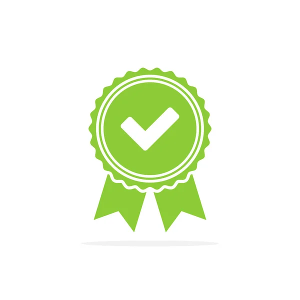 Icono de medalla verde aprobado o certificado en un diseño plano con sombra — Vector de stock