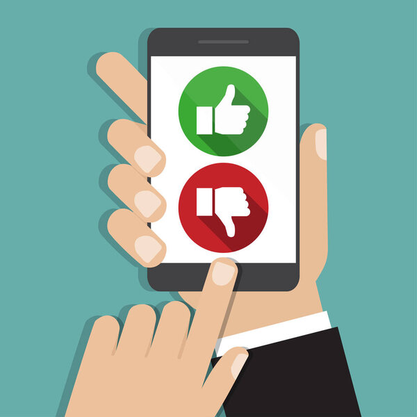 Отзывы о рейтинге сайта и концепция обзора. Рука держит и указывает на смартфон с нравится и не нравится
