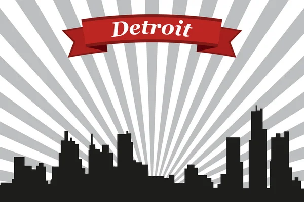 Detroit city skyline with rays background and ribbon — Stock Vector