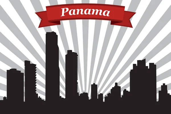 Panama city skyline with rays background and ribbon — Stock Vector