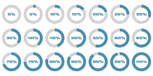 Conjunto de diagramas porcentuales de círculo para infografías, 0 5 10 15 20 25 30 35 40 45 50 55 60 65 70 75 80 85 90 95 100 por ciento — Vector de stock