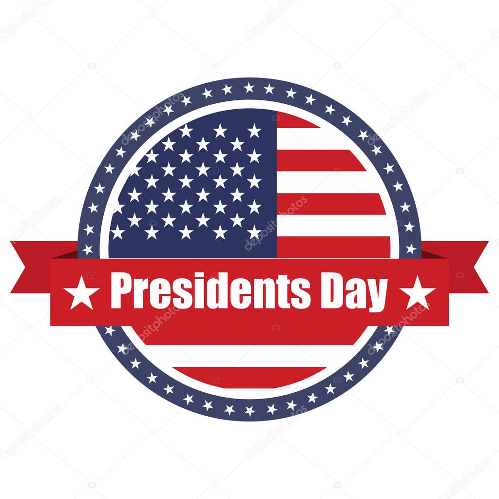 Presidents Day. USA flag on button stamp with ribbons