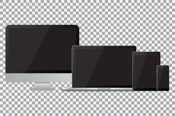 Conjunto de monitor de computador realista, laptop, tablet e telefone celular com tela preta vazia. Vários gadget eletrônico moderno em fundo isolado —  Vetores de Stock