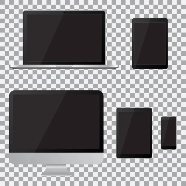 Set aus realistischem Computermonitor, Laptop, Tablet und Mobiltelefon mit leerem schwarzen Bildschirm. verschiedene moderne elektronische Geräte auf isoliertem Hintergrund — Stockvektor
