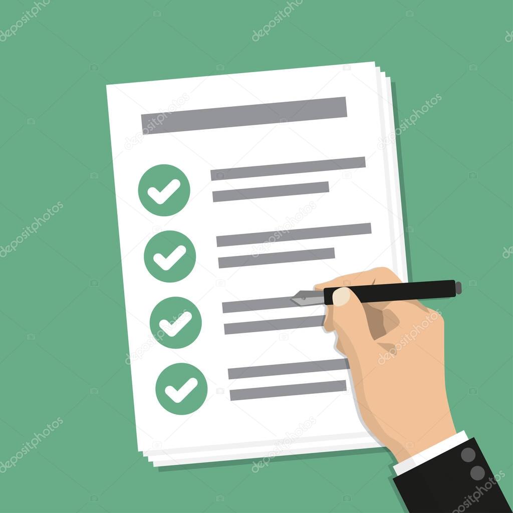 Hand holding business paper with checklist and pen