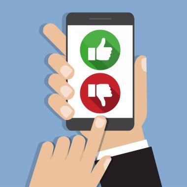 Web sitesi derecelendirme geri bildirim ve eleştiri kavramı. Holding ve gibi bir smartphone işaret eden el ve sevmemek