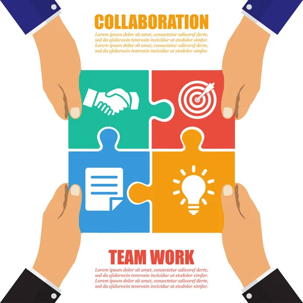 Conceito de colaboração. Cooperação, trabalho em equipa. Quebra-cabeça de solução bem sucedida. Símbolo de parceria. Vetor, projeto liso —  Vetores de Stock
