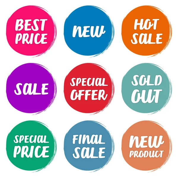 Sammlungssymbole wie Sonderangebot, heißer Verkauf, bester Preis, neu, ausverkauft, Sonderpreis, Endverkauf, neues Produkt — Stockvektor