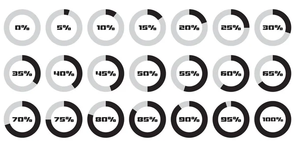 Conjunto de diagramas porcentuales de círculo para infografías, 0 5 10 15 20 25 30 35 40 45 50 55 60 65 70 75 80 85 90 95 100 por ciento — Vector de stock