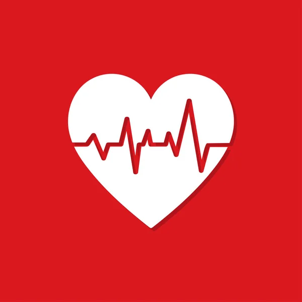 Coração com ícone de batimento cardíaco com sombra em um fundo vermelho — Vetor de Stock
