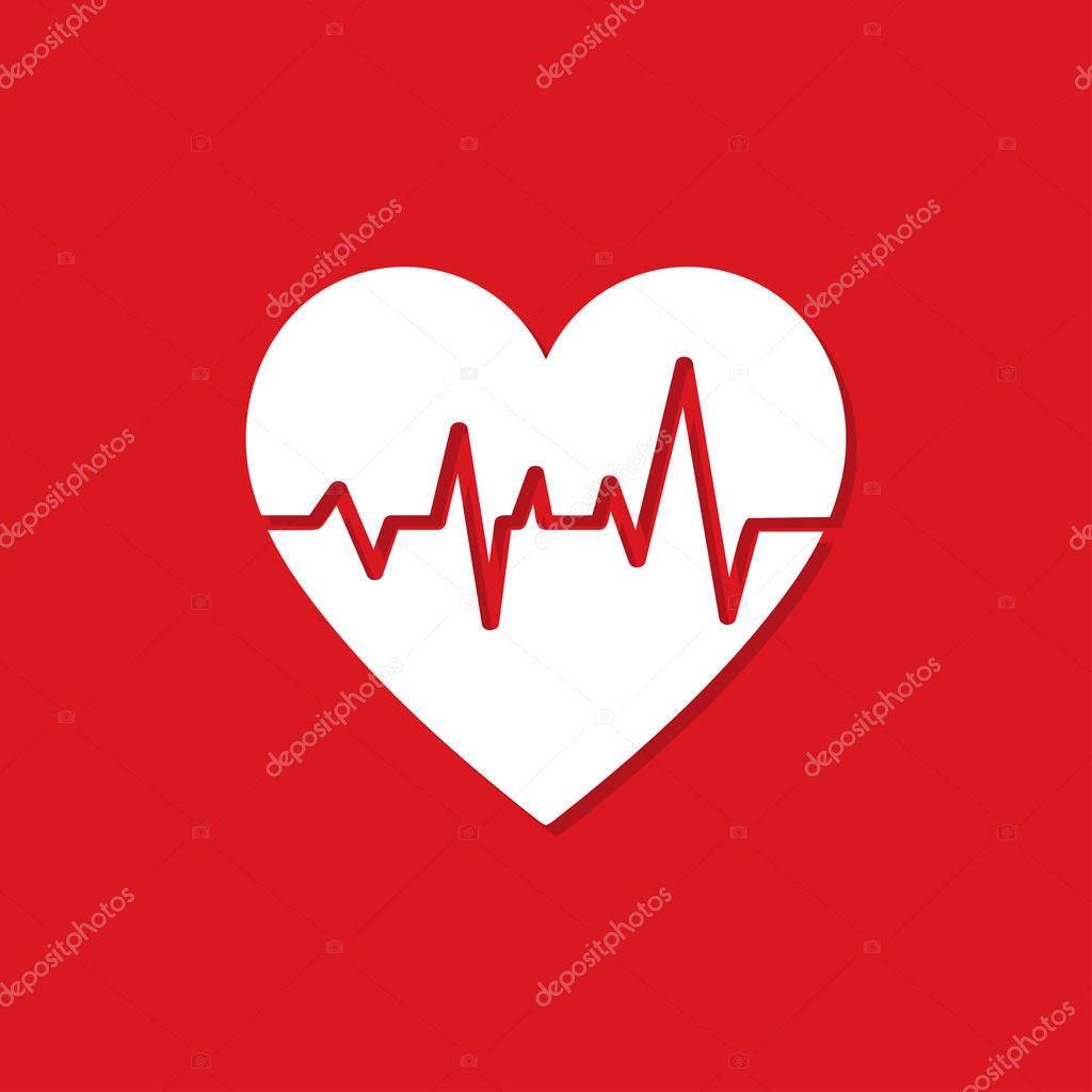 Heart with heartbeat icon with shadow on a red background