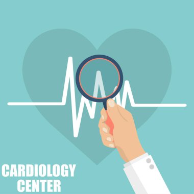 Kardiyoloji Merkezi. Kalp atışı için Büyüteç Camı tutan doktor el