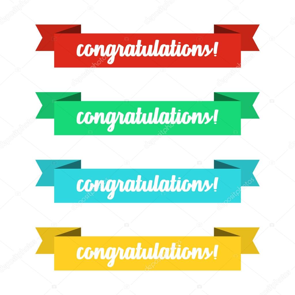 Flat ribbons banners with congratulations. Ribbons in flat design. Vector set of colorful ribbons