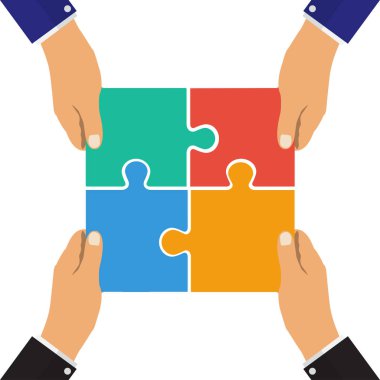 İşbirliği kavramı. İşbirliği, takım çalışması. Başarılı çözüm bulmaca. Ortaklık sembolü. Vektör, düz tasarım