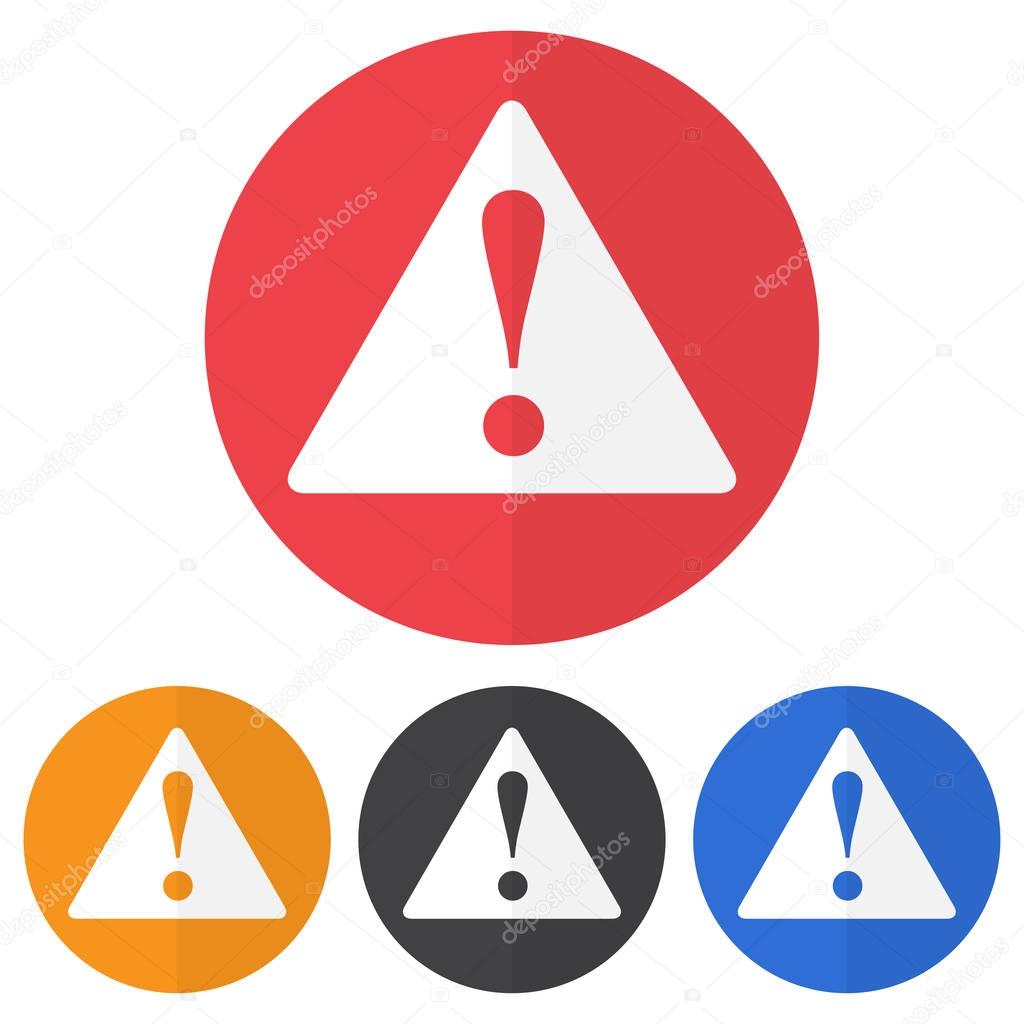 Set of danger sign icon on a colorful circles. Vector illustration