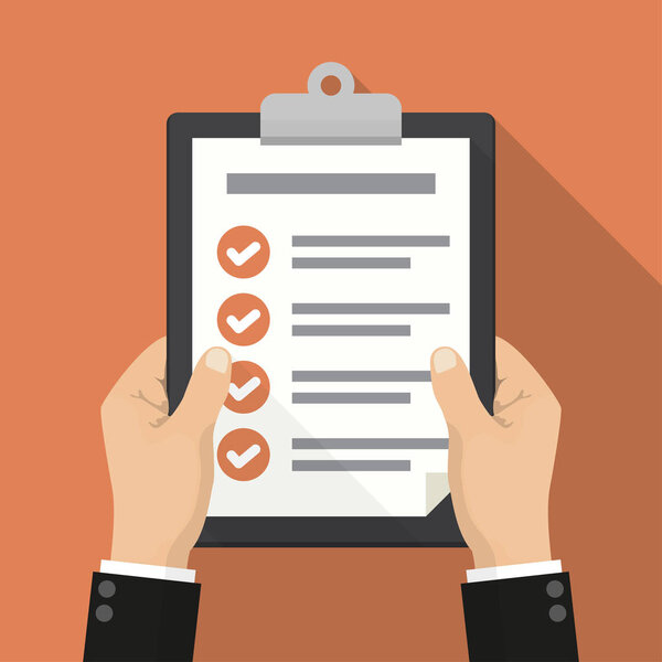 Businessman hands holding clipboard checklist in a flat design with long shadow
