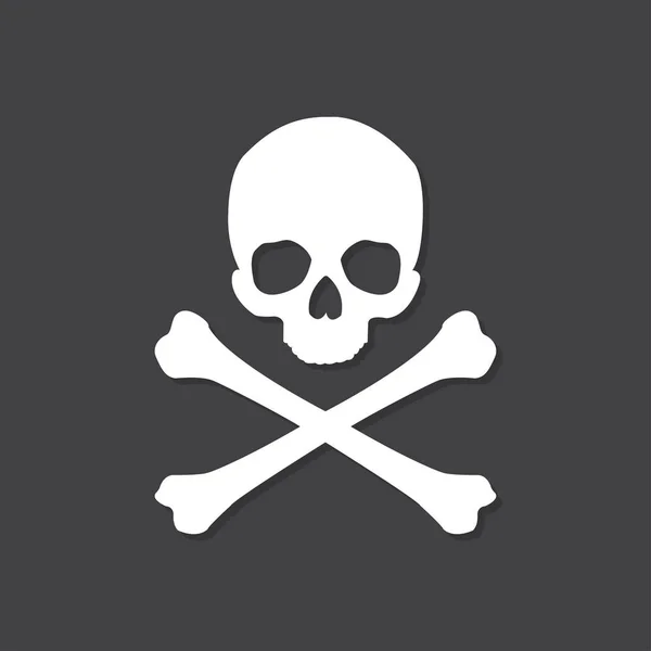Totenkopf und Kreuzknochen-Symbol mit Schatten in flachem Design auf schwarzem Hintergrund — Stockvektor