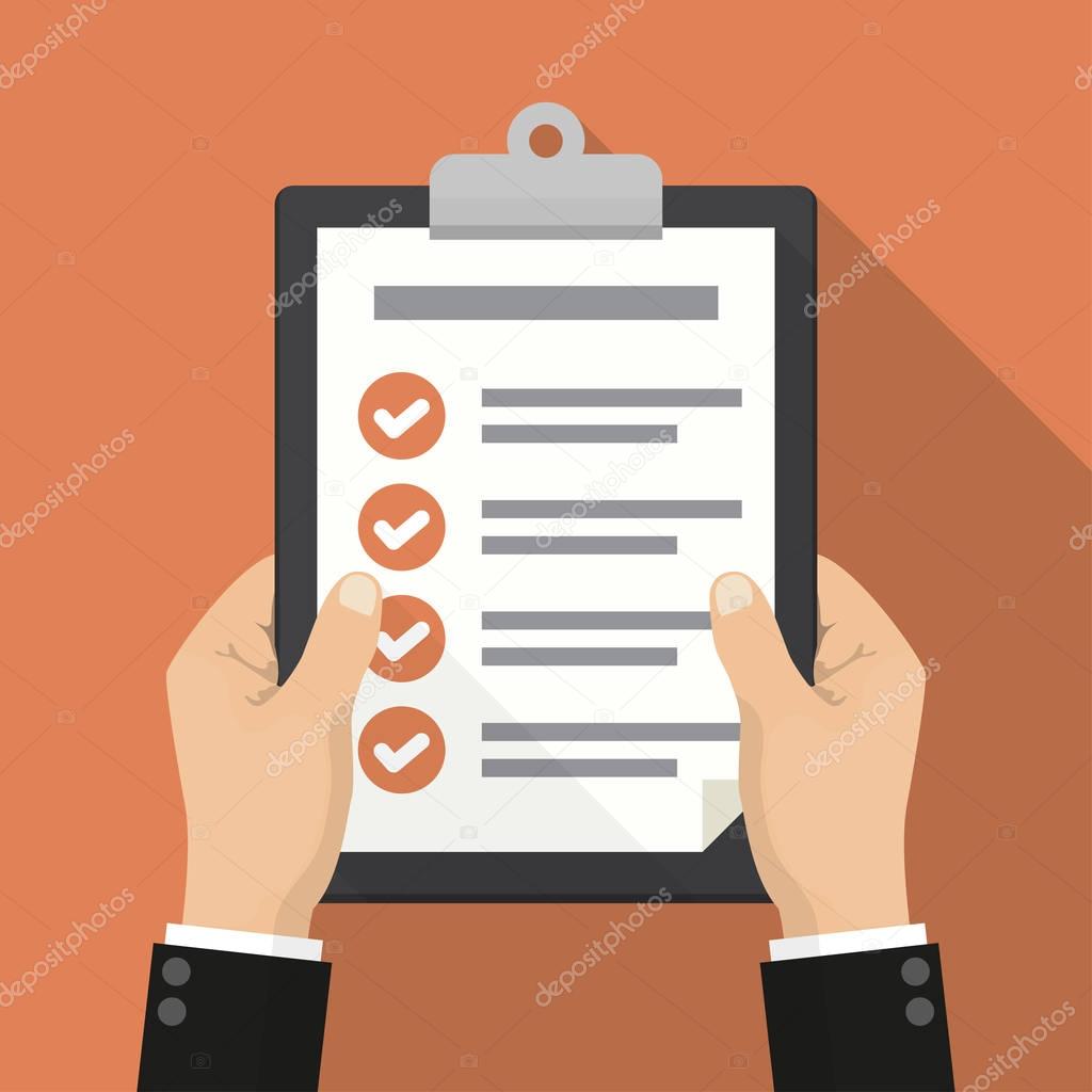 Businessman hands holding clipboard checklist in a flat design with long shadow