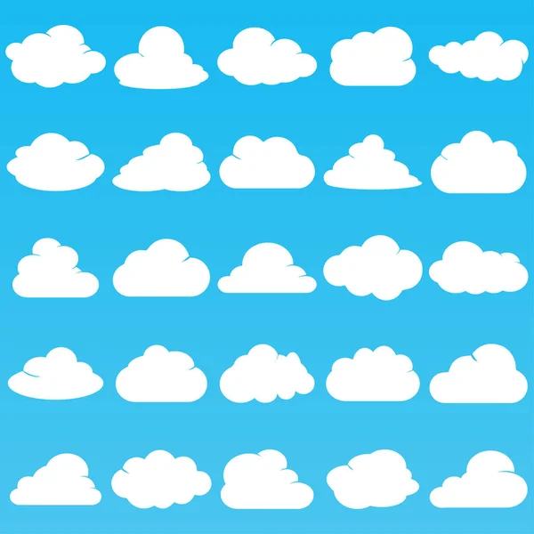 Wolkenvektorsymbol setzt weiße Farbe auf blauem Hintergrund. sky flat illustration collection für web, art und app design. verschiedene Natur Wolkenlandschaft Wettersymbole. — Stockvektor