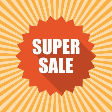 Mühür simgesi sarı arka plan üzerinde pul. Süper satış konsepti. Renkli tasarım. Vektör çizim