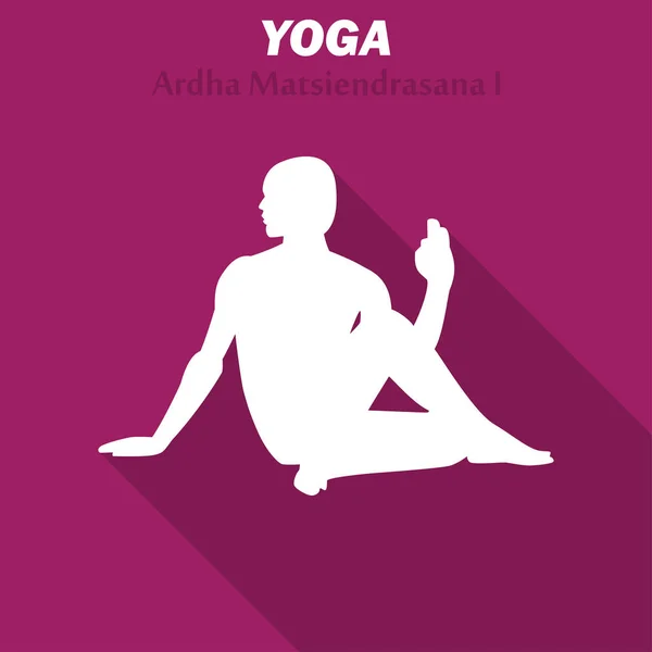 Ardha Matsiendrasana. Icono de entrenamiento de yoga con sombra larga. Ilustración vectorial — Vector de stock