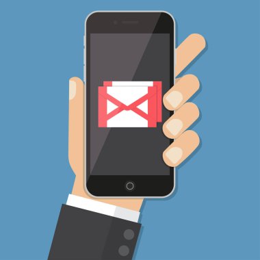 Flash tasarım stili e-posta uygulaması ile smartphone ekranında tutan el, tasarım öğesi illüstrasyon vektör