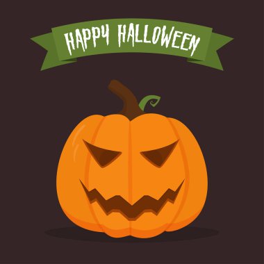 Cadılar Bayramı balkabağı, gülen surat ve karanlık arka plan. Vektör Çizgi Film İllüstrasyonu.