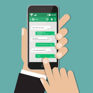 El ile akıllı telefon sohbet. Vektör çizim eps10