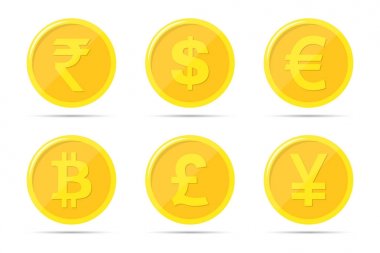 Paralar simgelerin izole beyaz arka plan üzerinde ayarlayın. Dolar, euro, sterlin, yuan, Rupisi, bitcoin banka notları