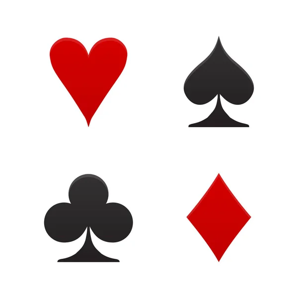 Tute da poker - cuori, fiori, picche e diamanti - su sfondo bianco. Casino gioco d'azzardo tema vettoriale illustrazione. Forme nere e rosse con semplice effetto lucido — Vettoriale Stock