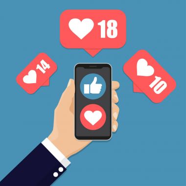 Smartphone gibi simge ile düz bir tasarımda tutan el