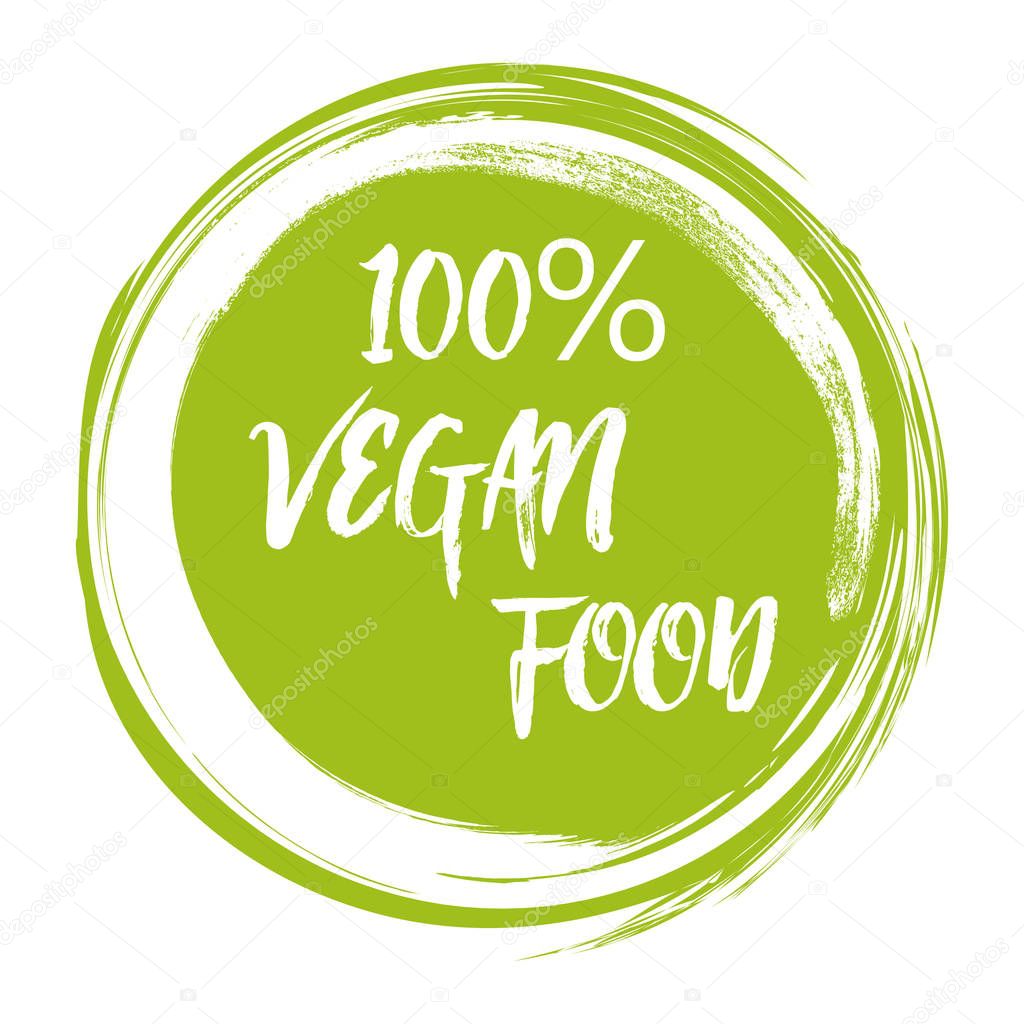 Green grunge Vegan food vector illustration hand drawn logotype sticker.
