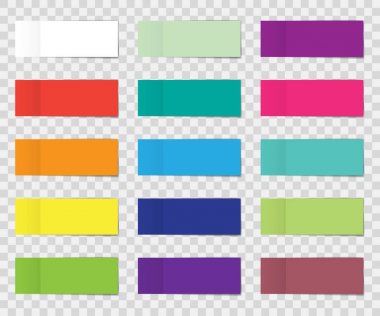 Post Not etiket üzerinde izole şeffaf arka plan ayarlayın. Kağıt yapışkan bant gölge ile. Vektör office renk deftere naklet tasarım reklam için sopa