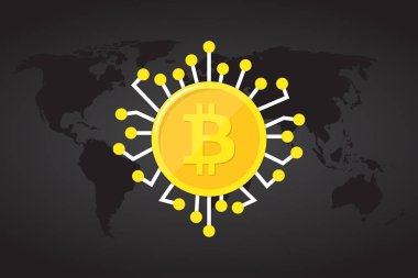 Altın bitcoin dijital para Dünya Haritası, fütüristik dijital para, teknoloji dünya çapında ağ kavramı, vektör çizim.