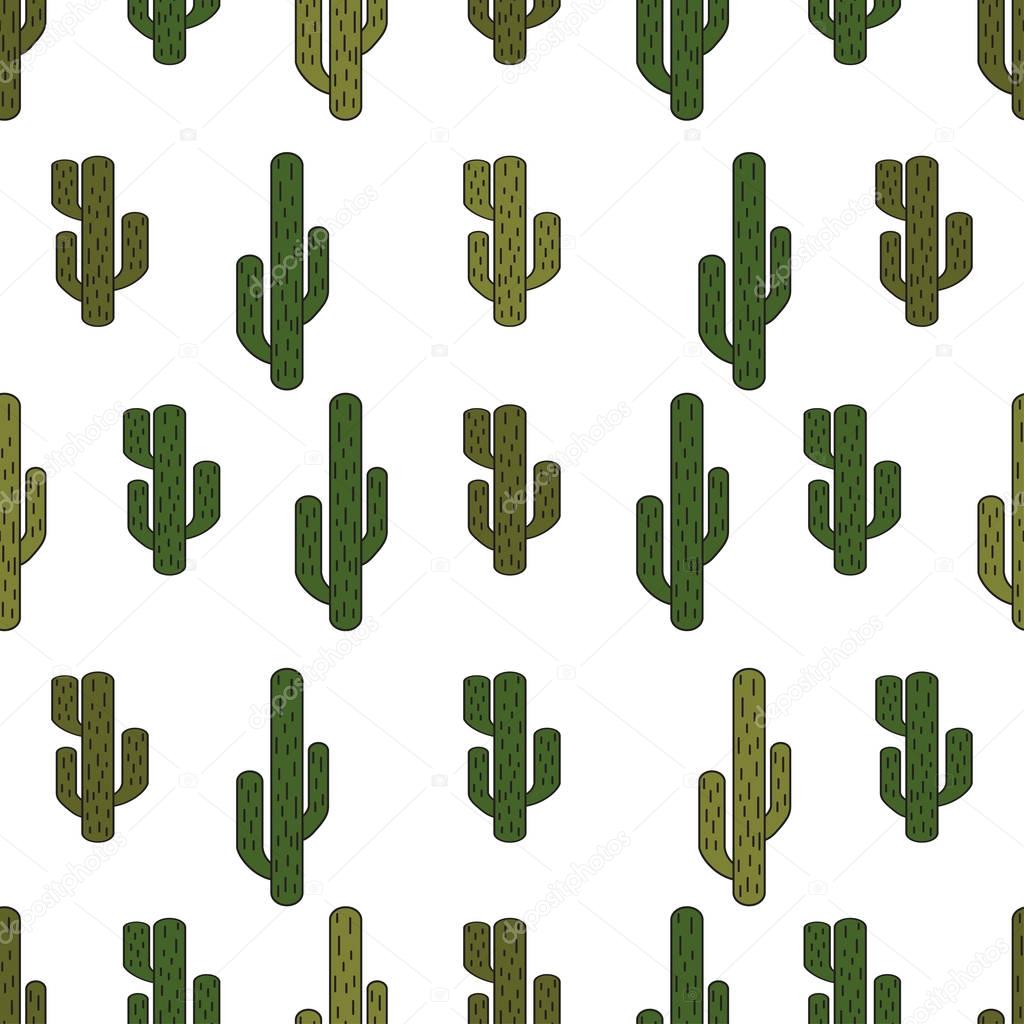 Seamless green cactus pattern, minimal linear style.