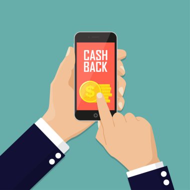 Nakit geri etiket, Etiketler, amblem. Altın smartphone içinde. Para iadesi veya para iadesi kavramı. Düz vektör çizim