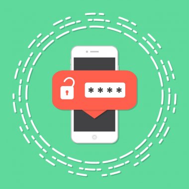 Cep telefonunun kilitlenmemiş bildirim tuşu ve parola alan vektörü, akıllı telefon güvenliği kavramı, kişisel erişim, kullanıcı yetkisi, giriş izni, koruma teknolojisi