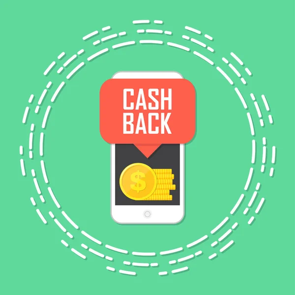Cash-Back-Konzept. Smartphone mit Münzgeld. Vektorillustration — Stockvektor