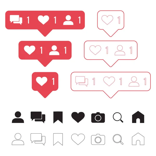 Set von Social-Media-Symbolen: gefällt, Follower, Kommentar, Zuhause, Kamera, Benutzer, Suche, Registerkarte. Vektorillustration — Stockvektor