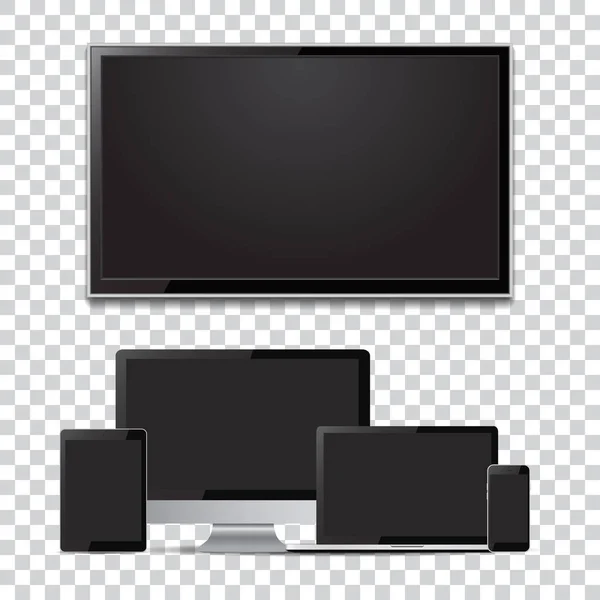 Conjunto de pantallas en blanco. Monitor de ordenador, ordenador portátil, tableta, teléfono inteligente, tv — Vector de stock