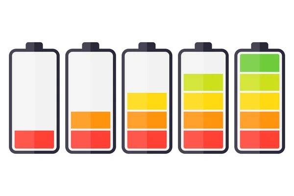 Ilustração dos indicadores de nível da bateria. Vida útil da bateria, acumulador, bateria fraca, vetor de recarga da bateria —  Vetores de Stock